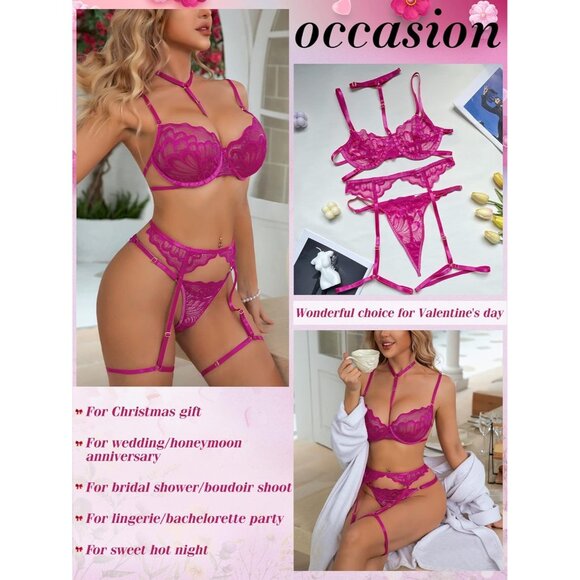 Women's Rose Sexy Lingerie Set Push Up Lace Garter Belt Bra And Panty Set - Picture 2 of 6